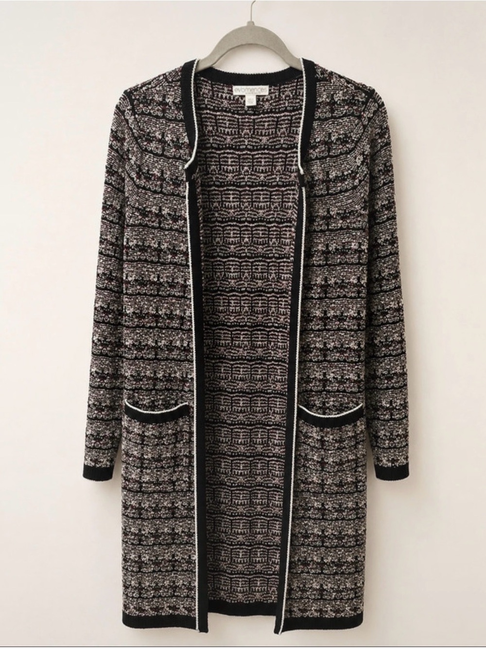 Long Open-Front Patterned Cardigan - Black & Cream
